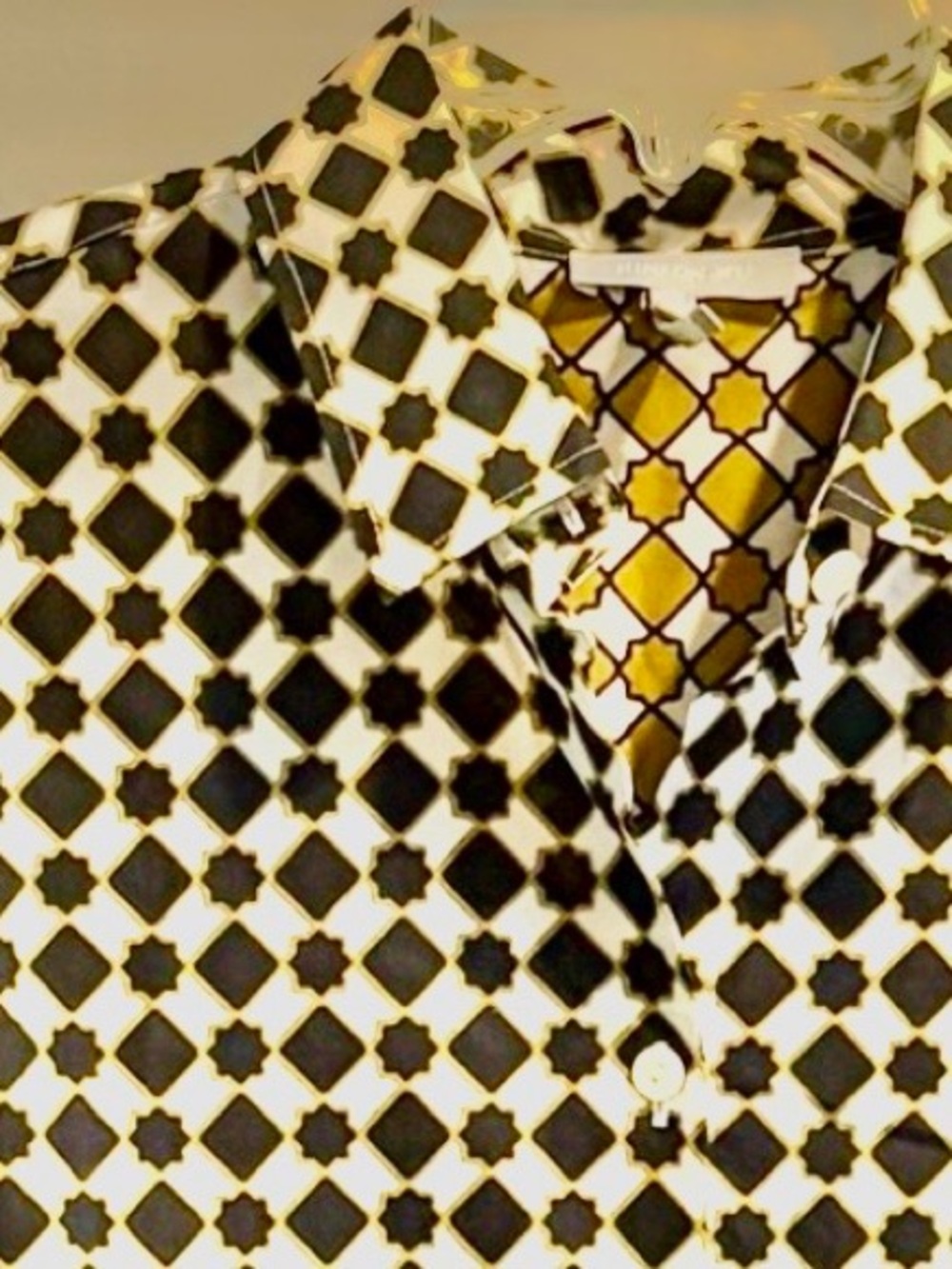 Hinson Wu Margot Cotton Button Down Geometric Print Black White Mustard Size M